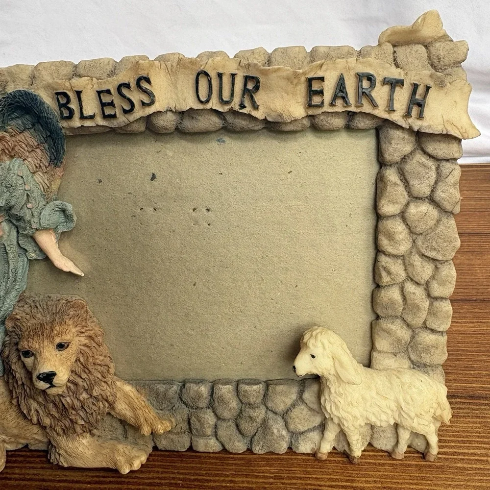 Bless Our Earth Angel Lion Lamb Picture Frame Resin Religious Nature Decor